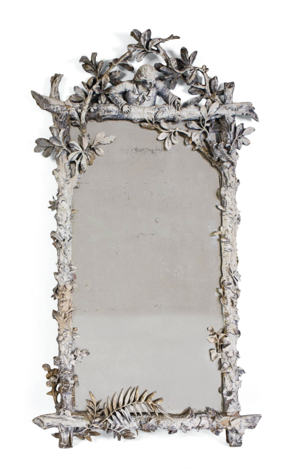 Appraisal: LARGE WHITE PAINTED MIRROR WITH SCULPTORAL CREST OF A MAN