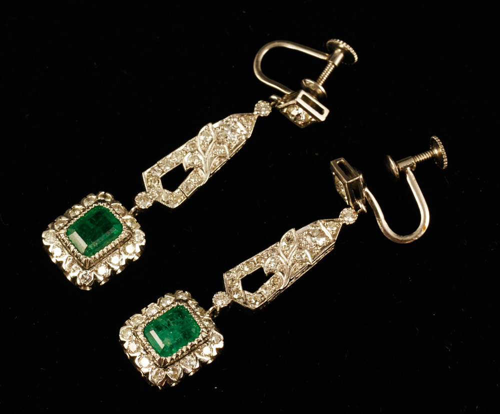 Appraisal: - K Gold Diamond and Emerald Earrings K white gold