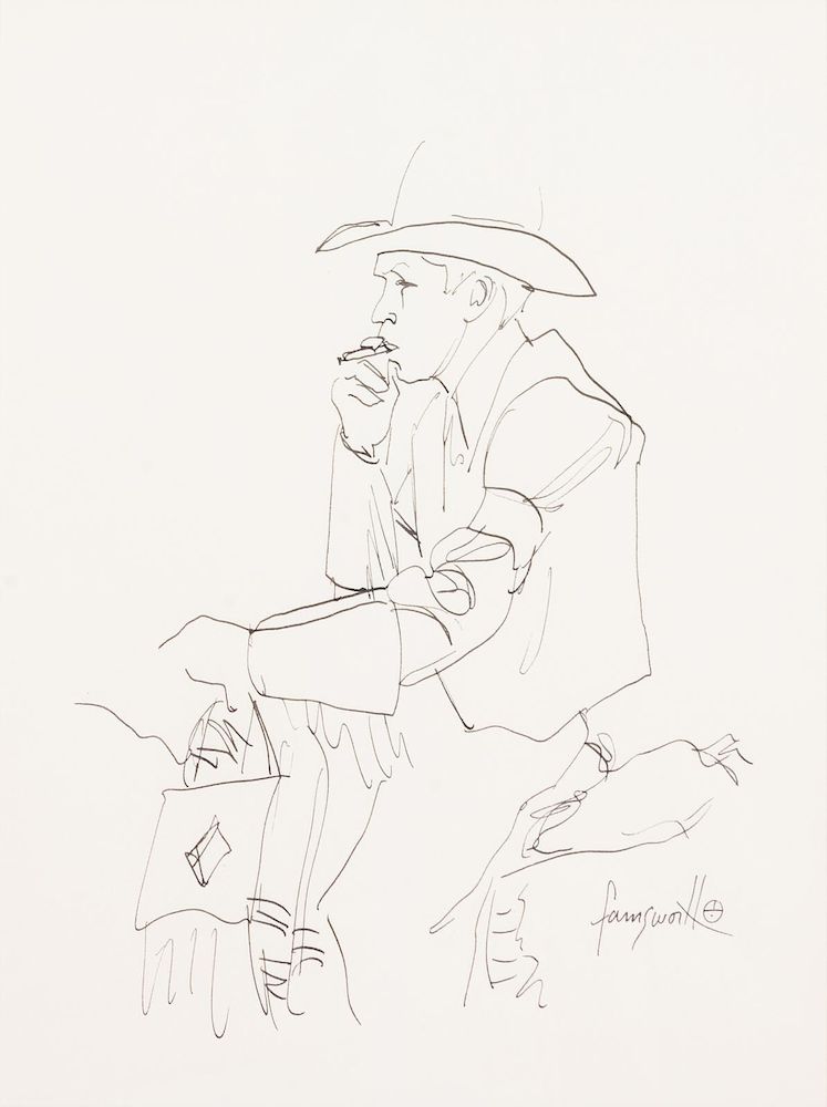 Appraisal: John Farnsworth American b Cowboy Smoking Cigar on Horse John