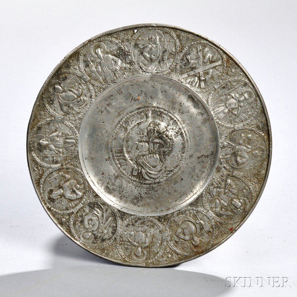 Appraisal: Molded Pewter Plate possibly Germany th century with scenes of