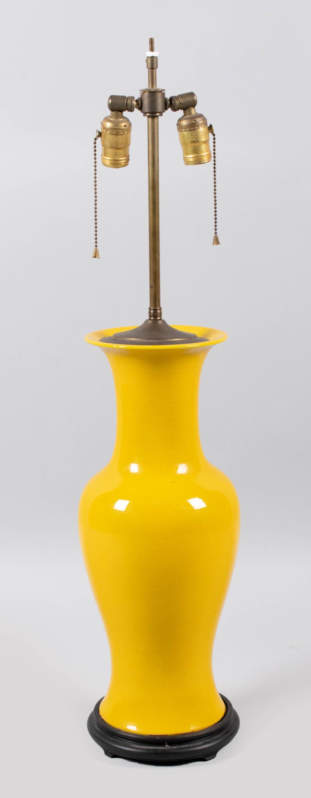 Appraisal: JAPANESE YELLOW-GLAZED BALUSTER VASE NOW DRILLED AS A TABLE LAMP