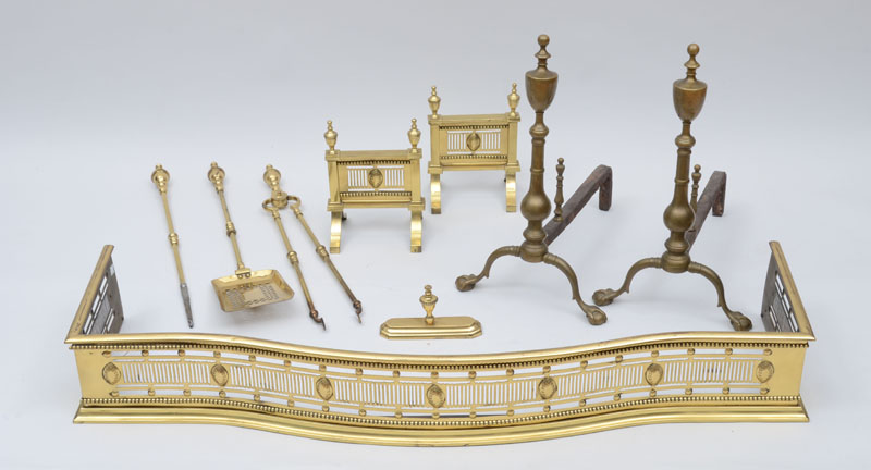 Appraisal: GROUP OF BRASS HEARTH EQUIPMENT Comprising a pair of andirons