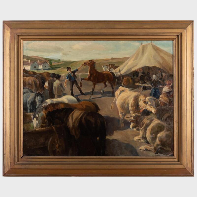 Appraisal: British School Horse Market Oil on canvas indistinctly signed lower