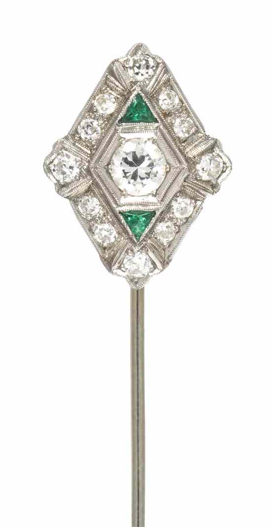 Appraisal: An Antique Platinum Diamond and Simulated Emerald Stick Pin containing