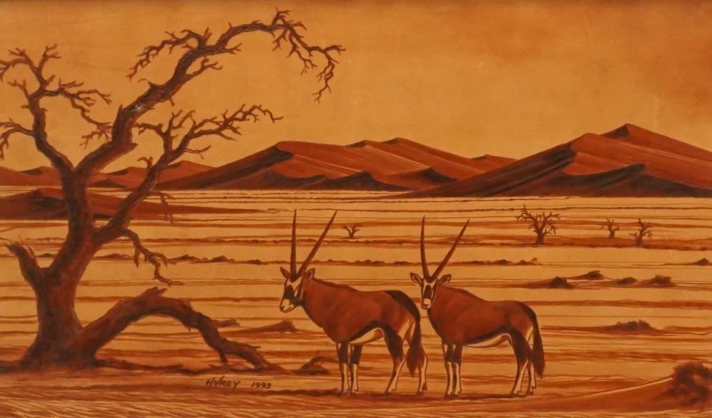 Appraisal: H VREY ORYXES ON SAVANNAH MIXED MEDIA ON MASONITE FRAME