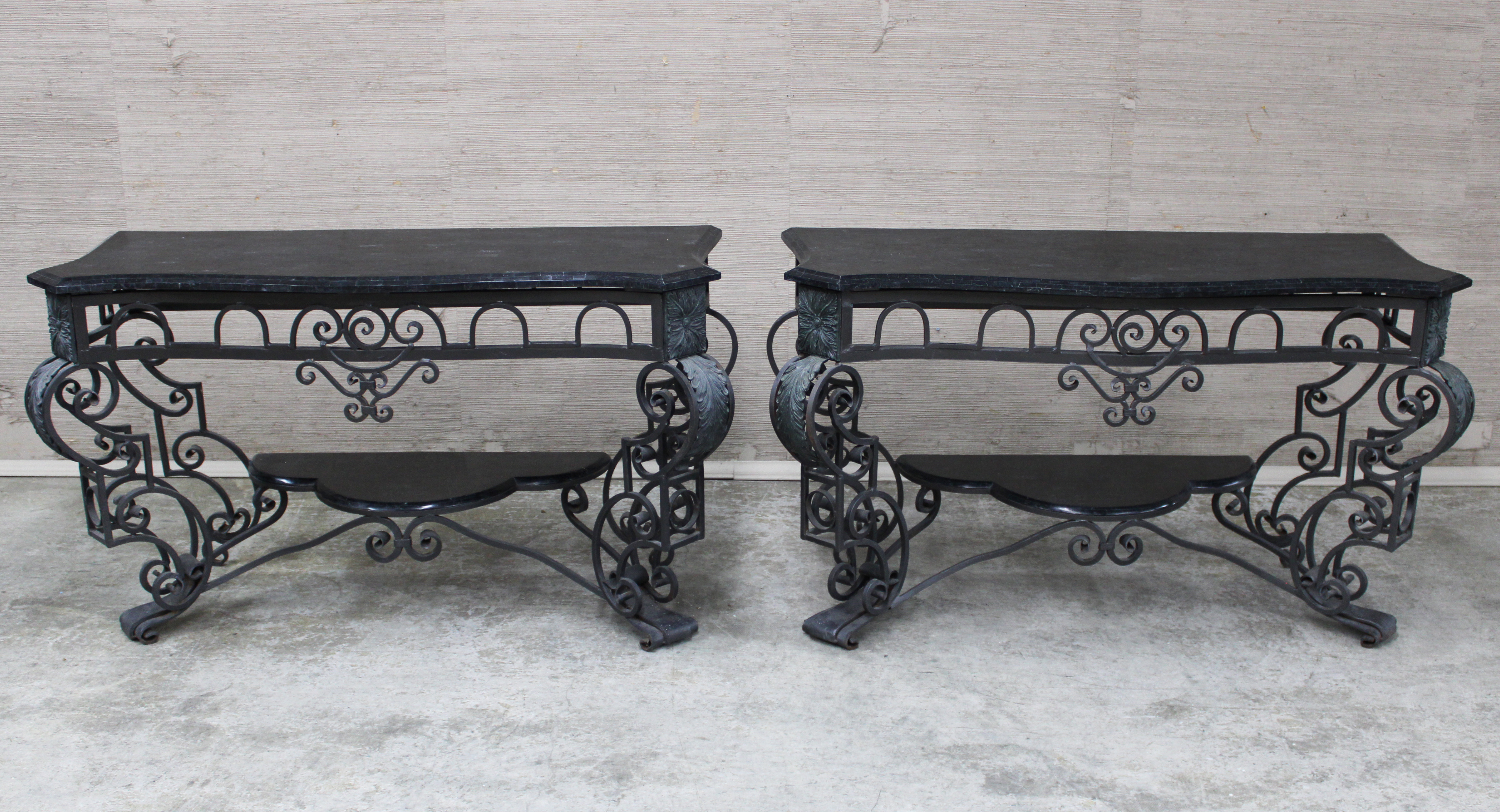 Appraisal: PAIR OF MARBLE TOP WROUGHT IRON CONSOLES Pair of marble