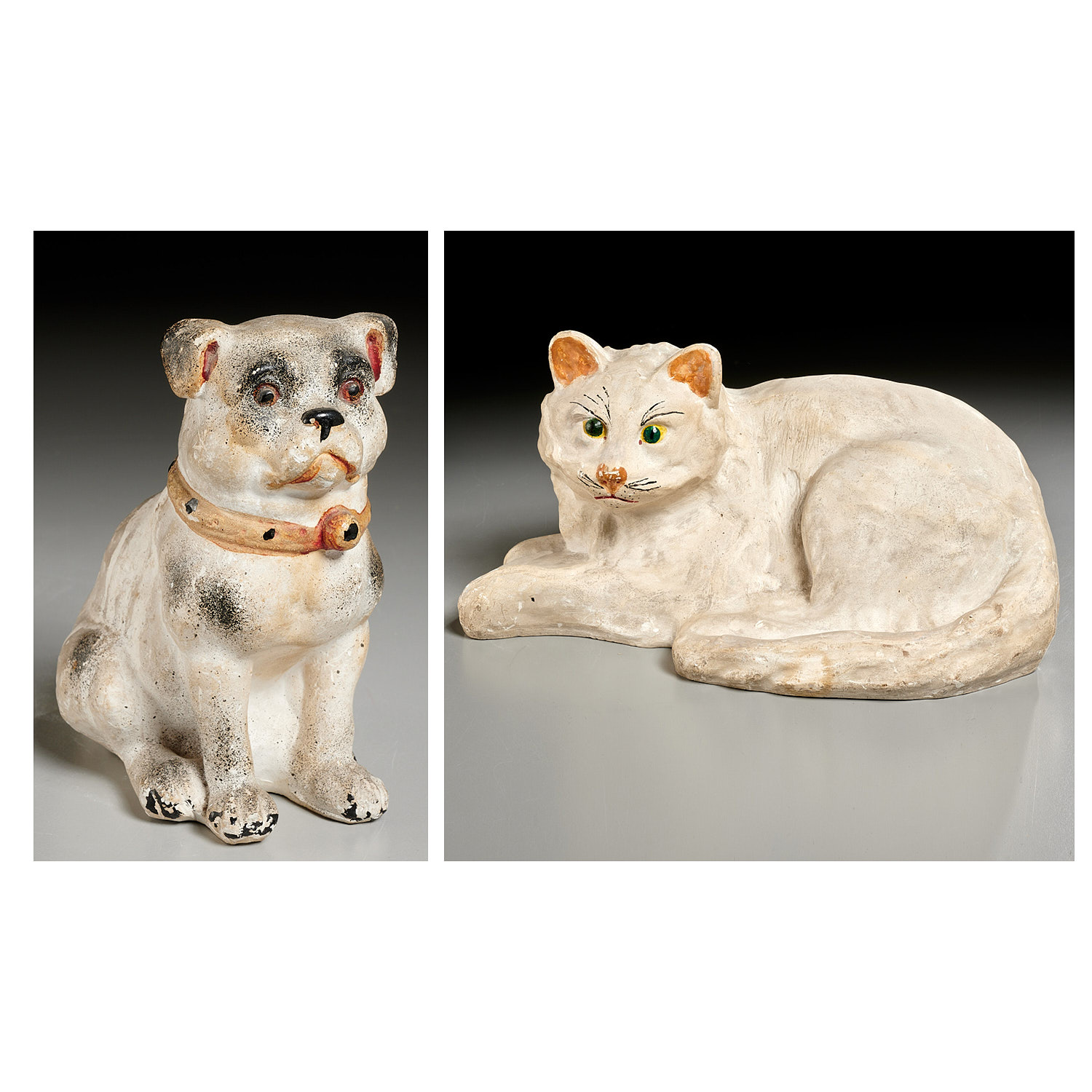 Appraisal: ANTIQUE CHALK-WARE CAT AND BULLDOG th th c American h