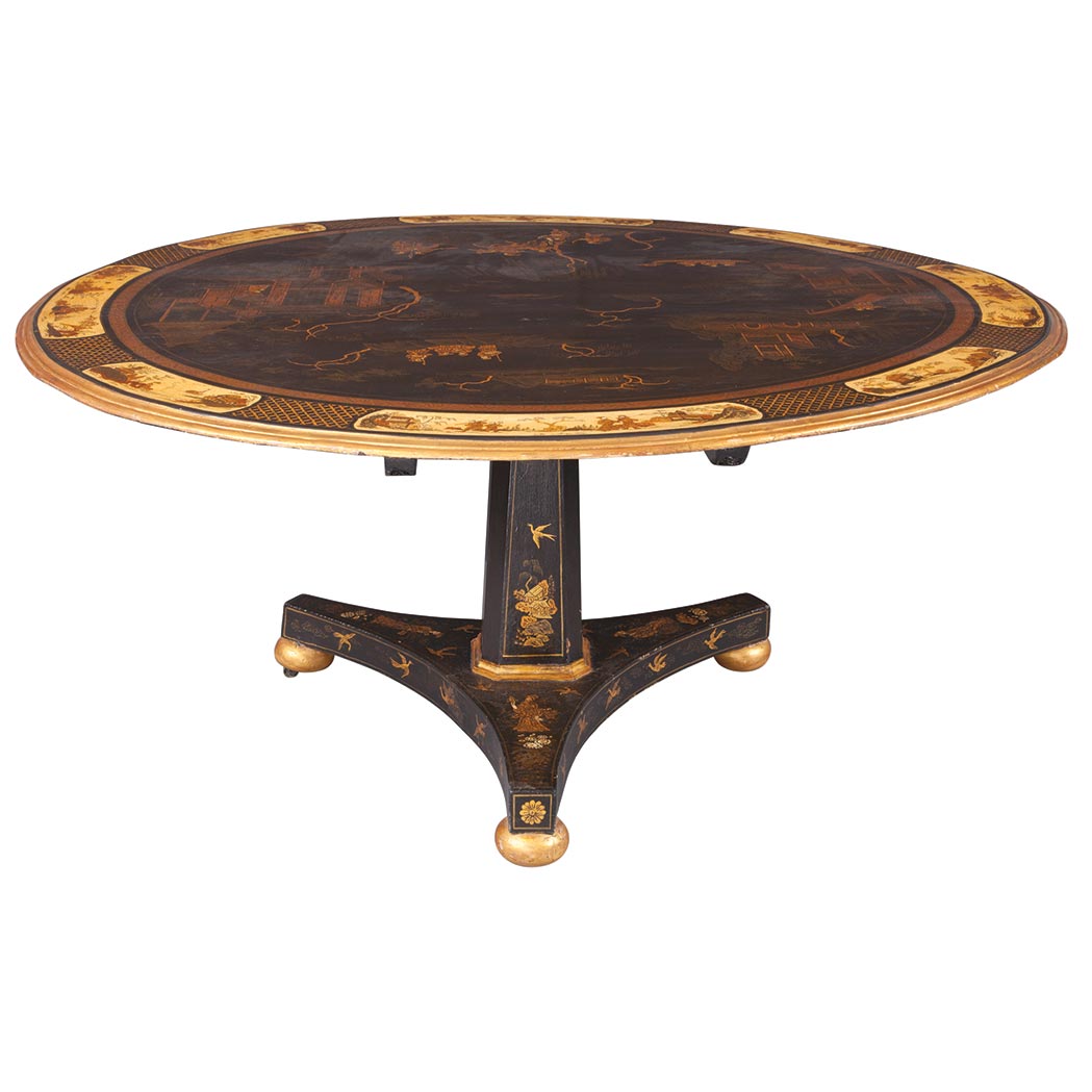 Appraisal: Regency Style Japanned Center Table The circular top decorated with