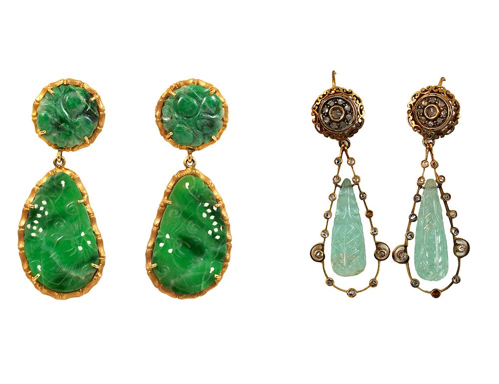 Appraisal: Jade Earrings Aquamarine Diamond Earrings pair of jade and K