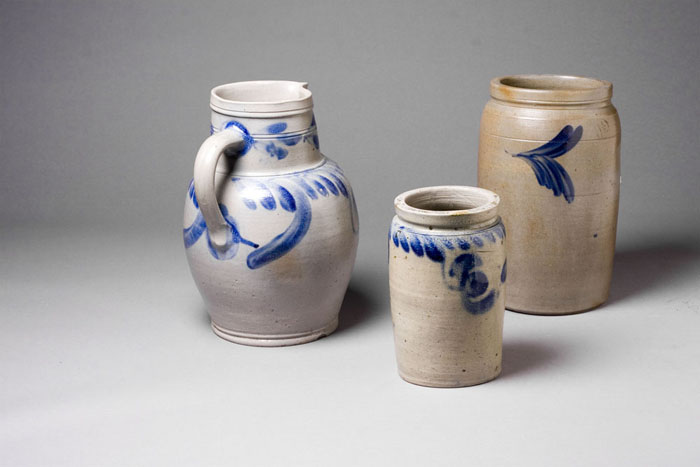 Appraisal: THREE PIECES BLUE DECORATED STONEWARE Including a pitcher and two