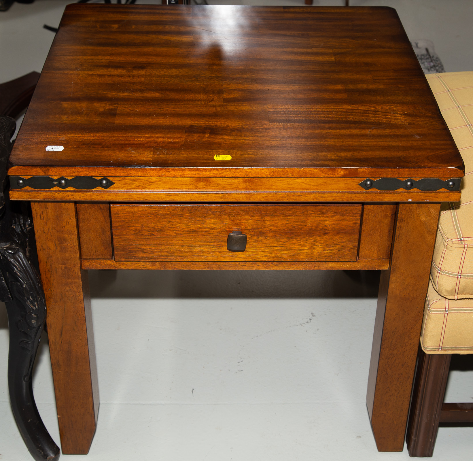 Appraisal: A CONTEMPORARY RUSTIC END TABLE Fitted with a single drawer