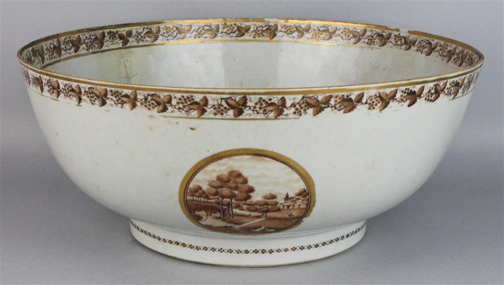 Appraisal: CHINESE EXPORT SEPIA DECORATED LARGE PUNCH BOWL TH C the