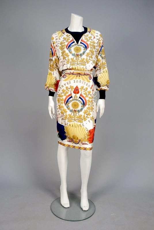 Appraisal: HERMES SCARF PRINT SILK PULLOVER and SKIRT ENSEMBLE White silk