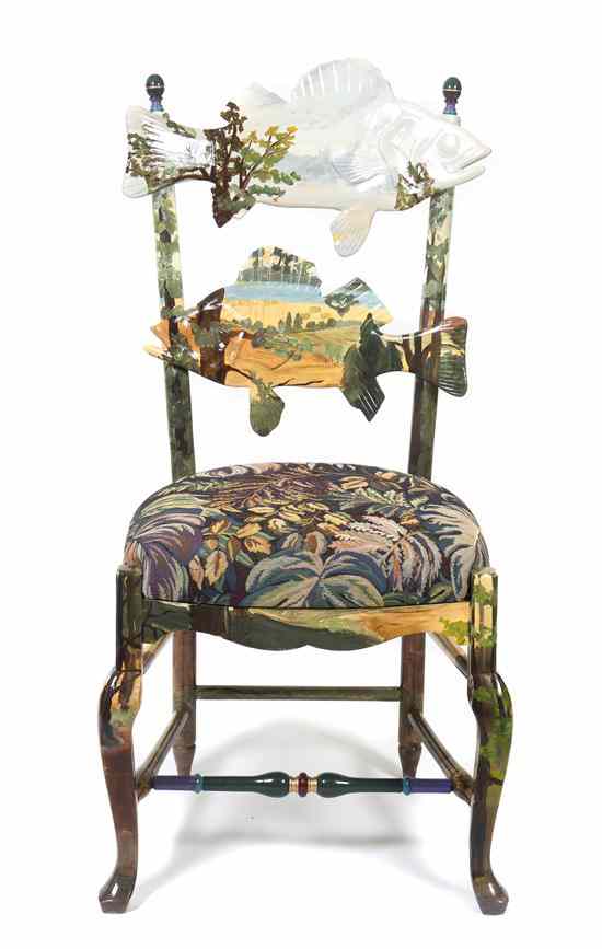 Appraisal: A MacKenzie-Childs Painted Fish Chair the ladder backsplat depicting carved