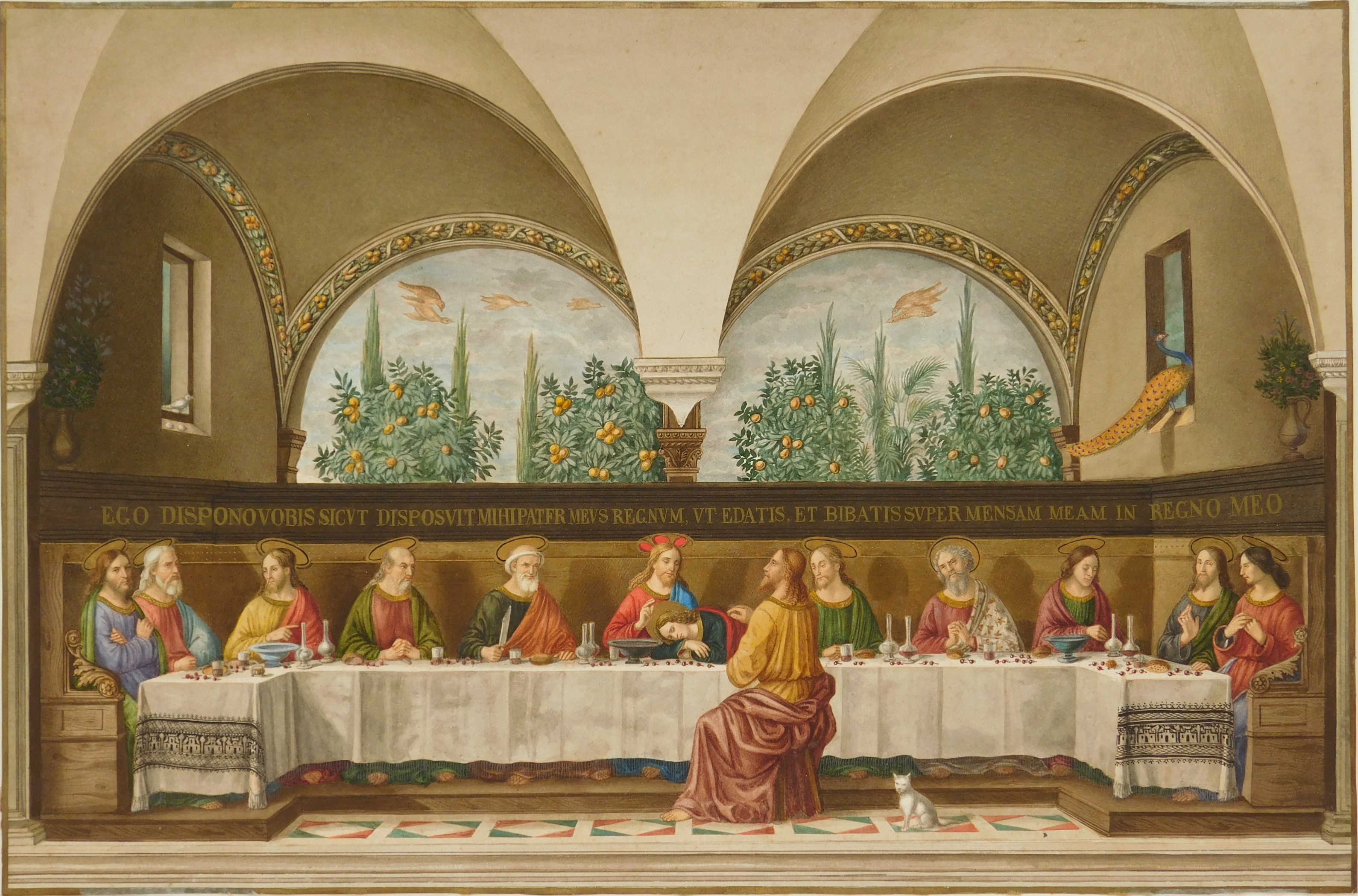 Appraisal: after Domenico Ghirlandaio Italian - ''Il Cenacolo''- watercolor with gold