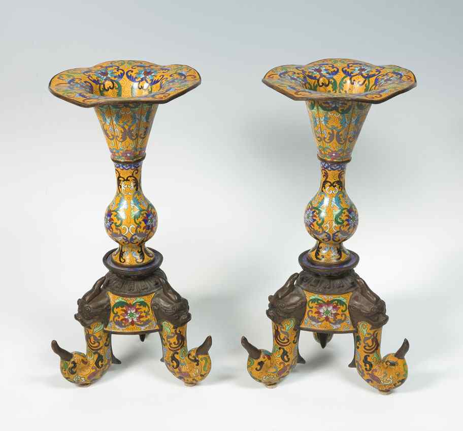 Appraisal: PR YELLOW CHINESE CLOISONNE INCENSE CANDLE STICKS Scrolled tri-footed yellow