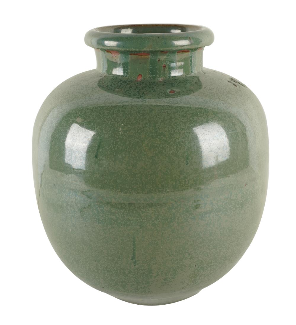 Appraisal: GREEN-GLAZED POTTERY VASEunsigned Provenance The Estate of James and Lois