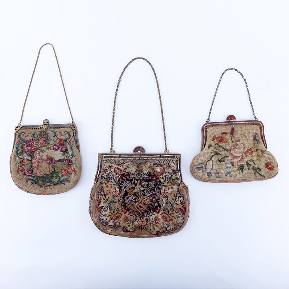 Appraisal: Collection of Three Antique Tapestry Purses Collection of Three Antique