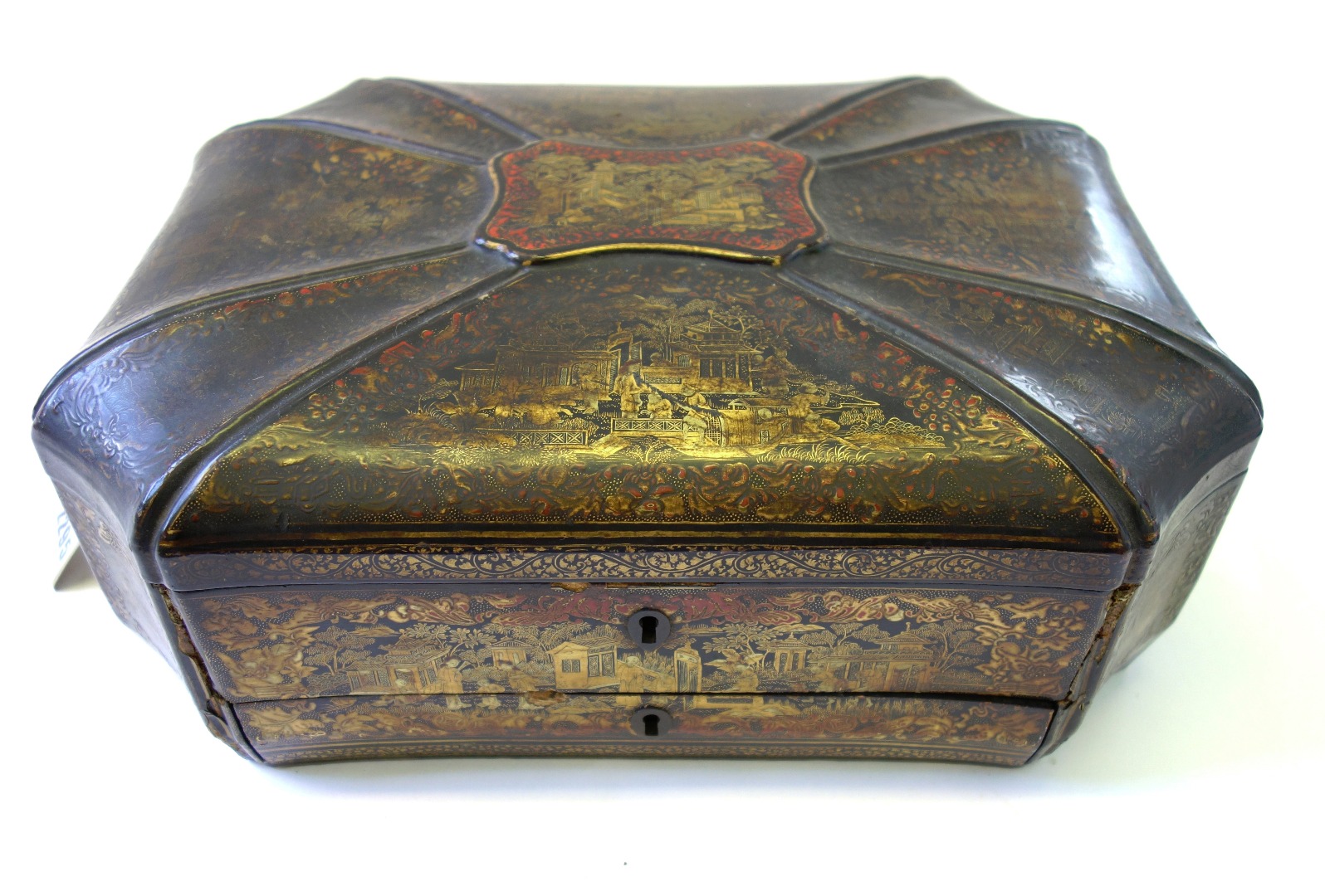 Appraisal: A Japanese decorated lacquer work box of shaped rectangular form