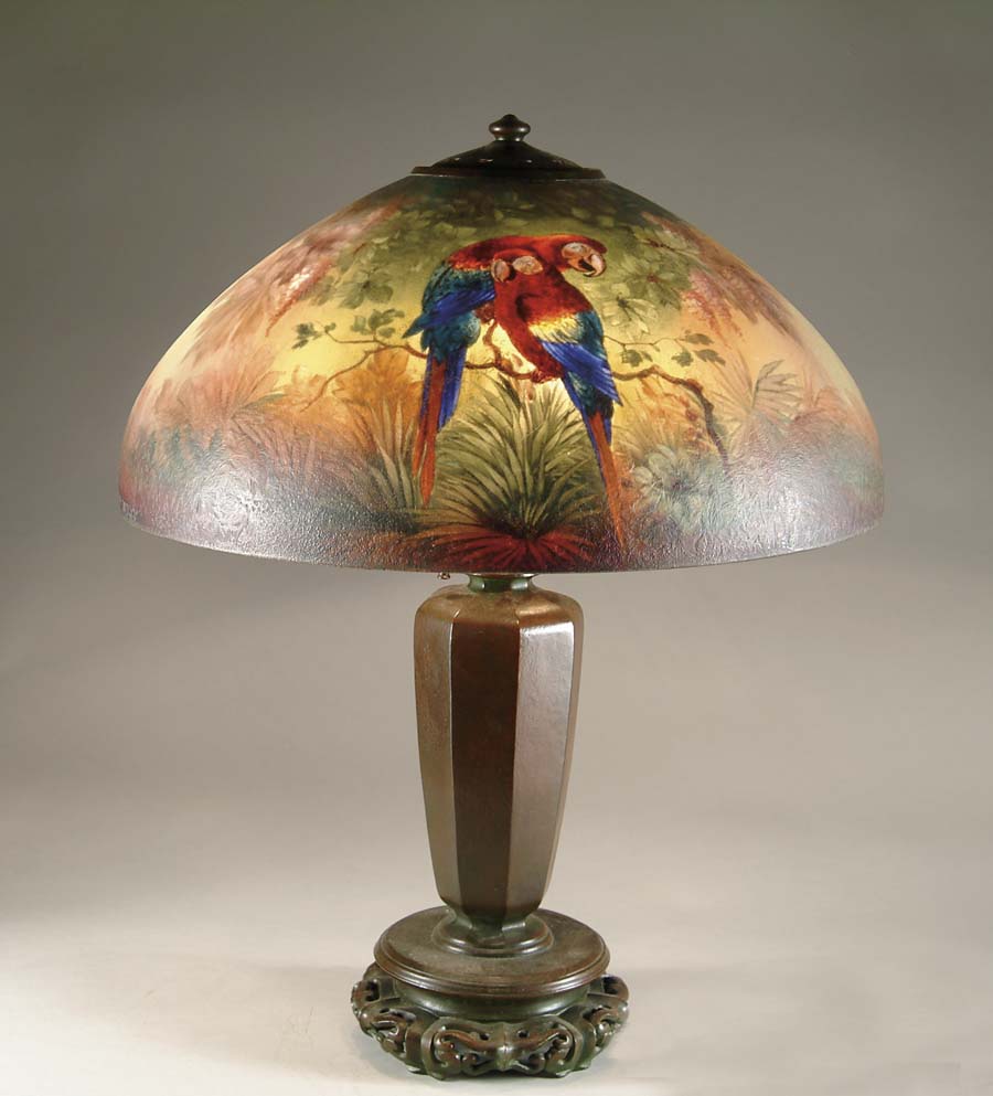 Appraisal: HANDEL JUNGLE BIRD TABLE LAMP Spectacular Handel reverse painted Jungle