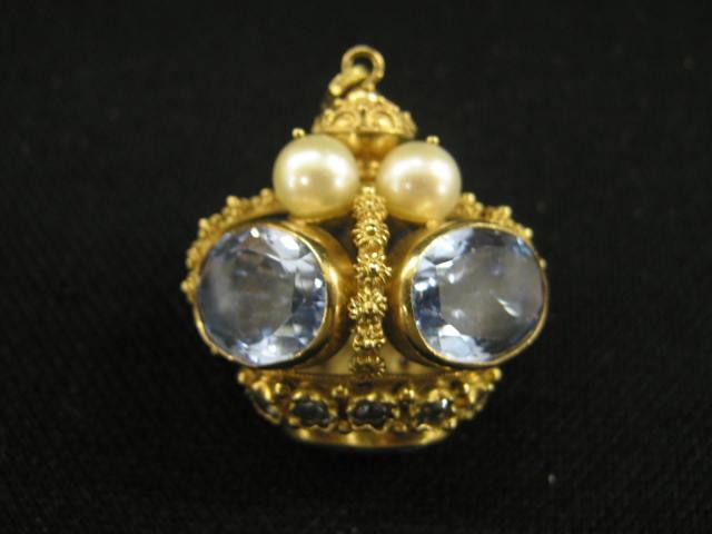 Appraisal: k Gold Fob or Charm large pearls and synthetic blue