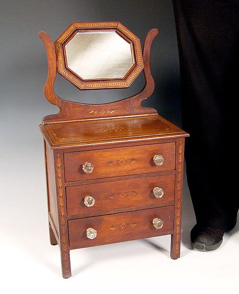 Appraisal: th C MINIATURE PARQUETRY INLAY CHEST WITH MIRROR Octagonal mirror