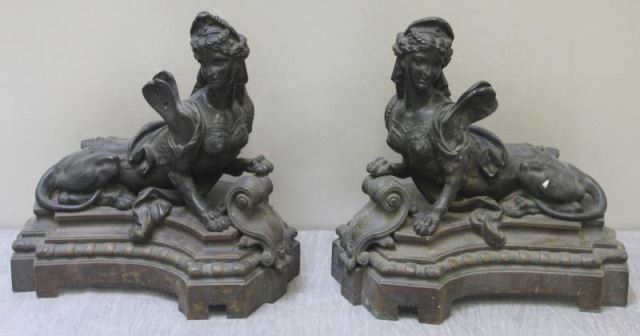 Appraisal: Unusual Pair of Antique Bronze Figural Chenets Signed Piat Modeled