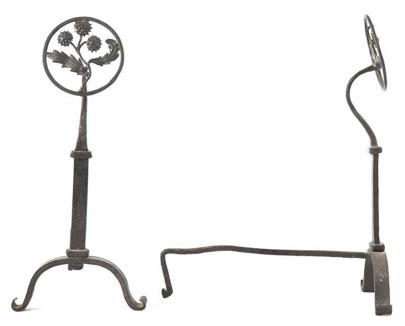 Appraisal: Chinqua Penn Floral Motif Wrought Iron Andironsearly th century hand