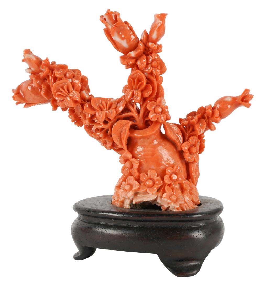 Appraisal: CHINESE CORAL CARVINGdepicting flowers in a vase affixed to a