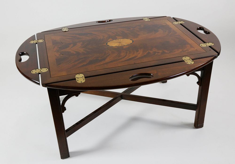 Appraisal: Inlaid Mahogany Butler's Tray Top Table Contemporary Contemporary Inlaid Mahogany