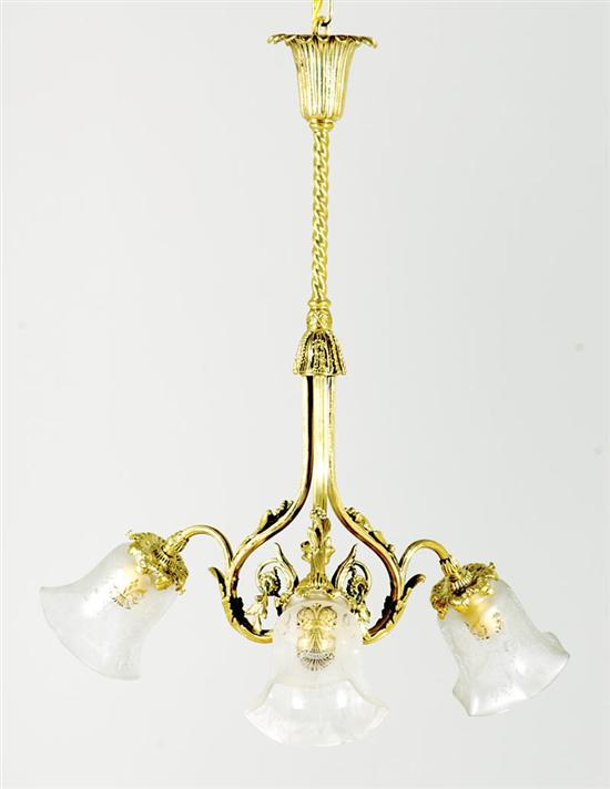 Appraisal: Art Nouveau three-light chandelier circa foliate shaft issuing scrolling arms