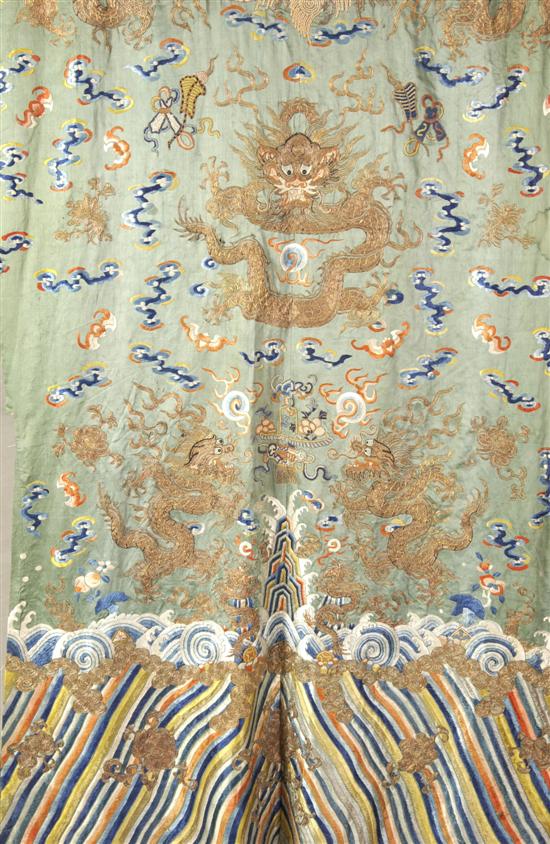 Appraisal: CHINESE EMBROIDERED GREEN SILK PANEL th century Worked in gold