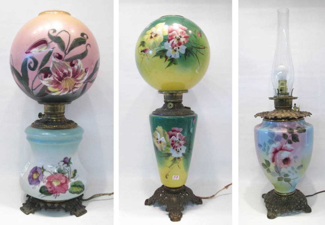 Appraisal: THREE HAND PAINTED GONE WITH THE WIND STYLE LAMPS having