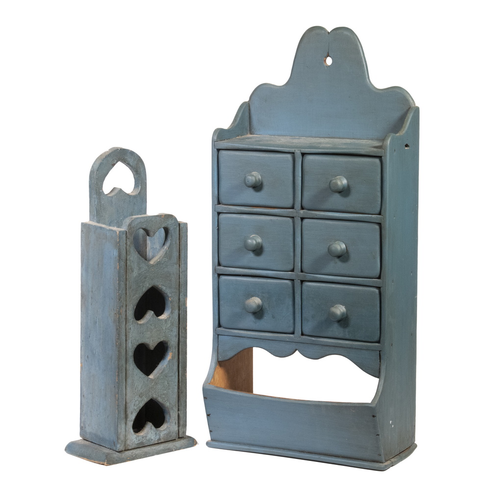 Appraisal: BLUE PAINTED WALL HANGING BOXES Including Six-drawer spice chest with