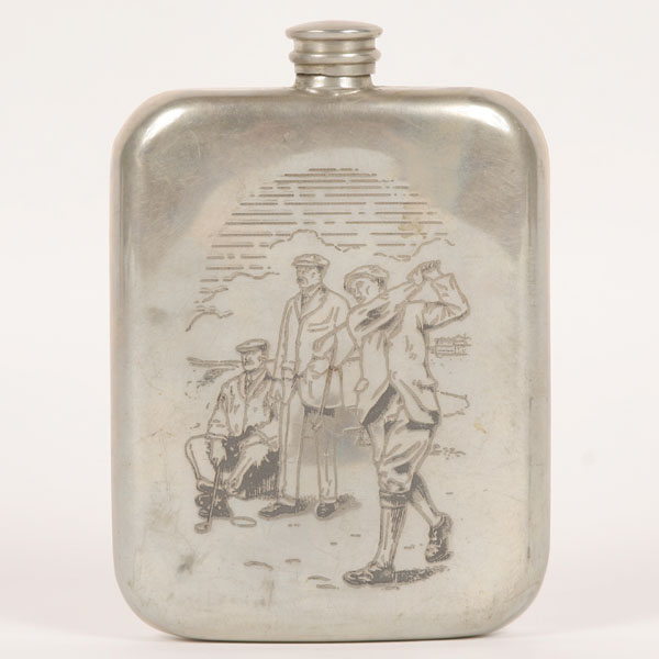 Appraisal: English pewter flask with engraved golfers one wearing knickers early