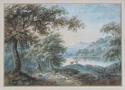 Appraisal: Circle of Paul Sandby Lake landscape with a traveller Gouache