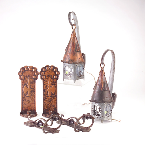 Appraisal: ARTS CRAFTS Three pairs of copper or iron lighting fixtures