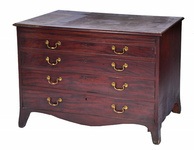 Appraisal: A GEORGE III MAHOGANY STRAIGHT FRONT CHEST fitted with brushing