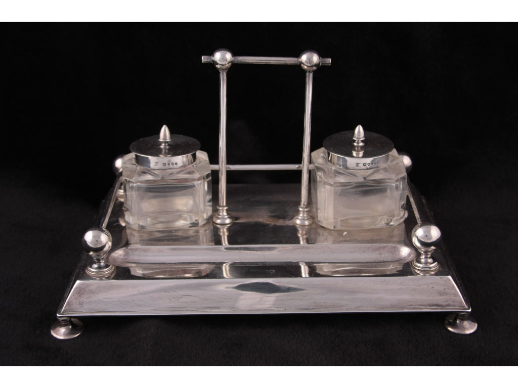 Appraisal: Victorian Sterling Inkstand London sterling silver stand with two cut