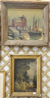 Appraisal: Two oil on canvas paintings including harbor scene in driftwood