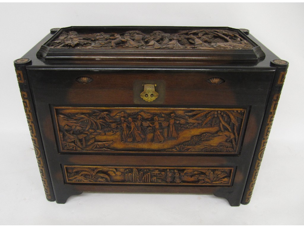 Appraisal: A Chinese camphorwood blanket chest richly decorated with carved panels