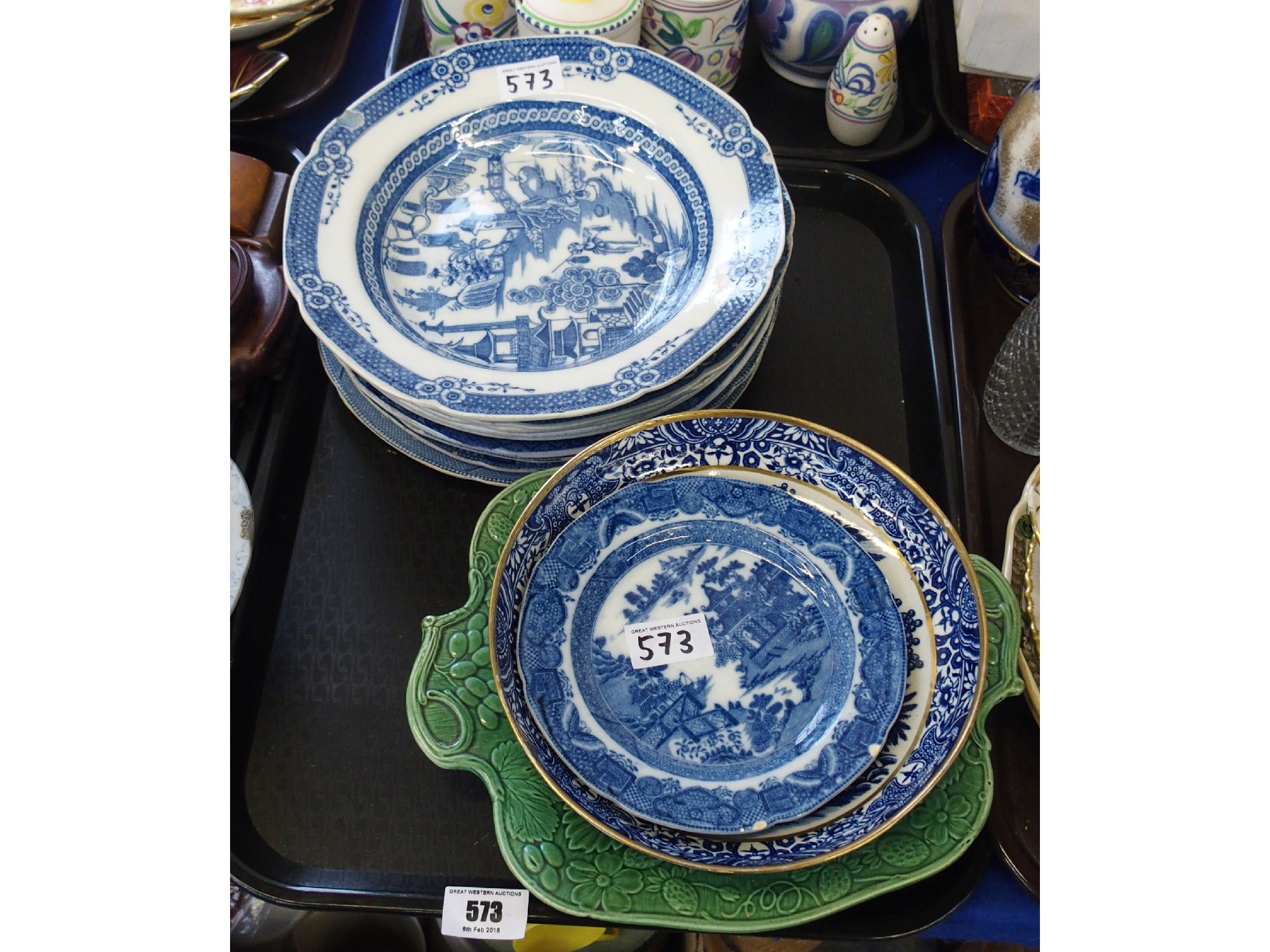 Appraisal: Assorted antique pottery blue and white plates and dishes including