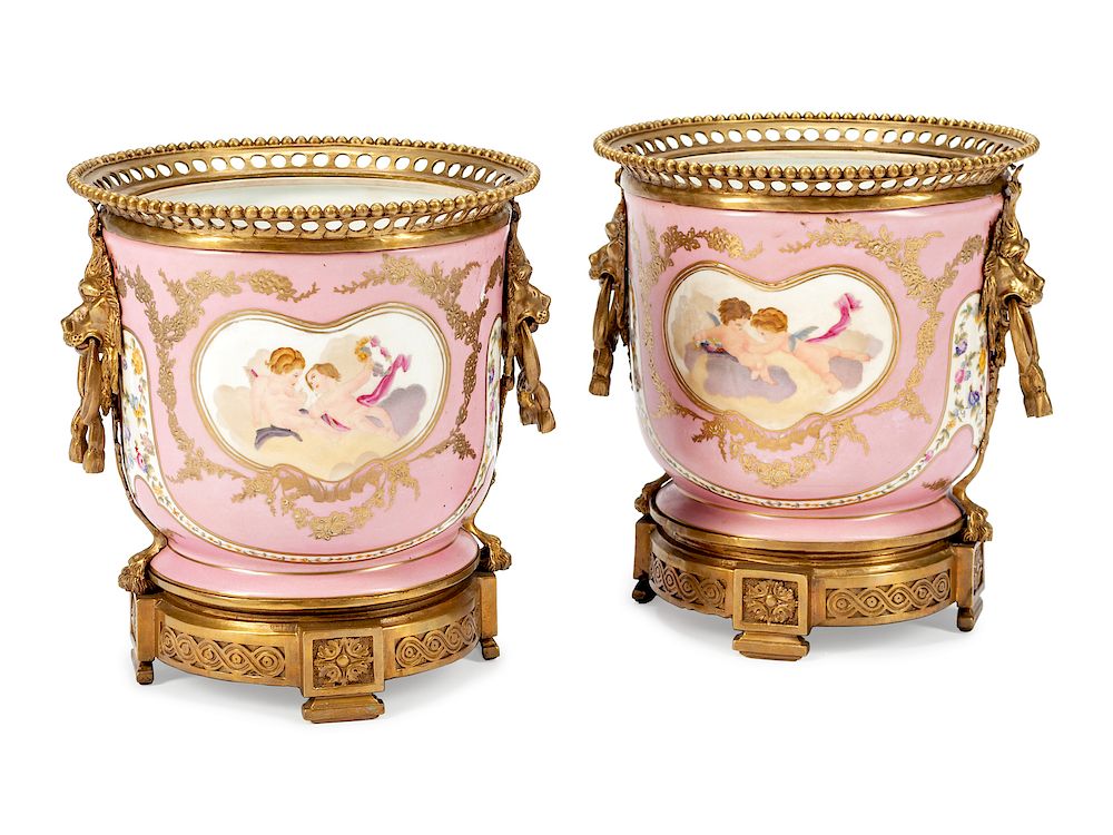 Appraisal: A Pair of Bronze-Mounted Sevres Style Porcelain Cache Pots A