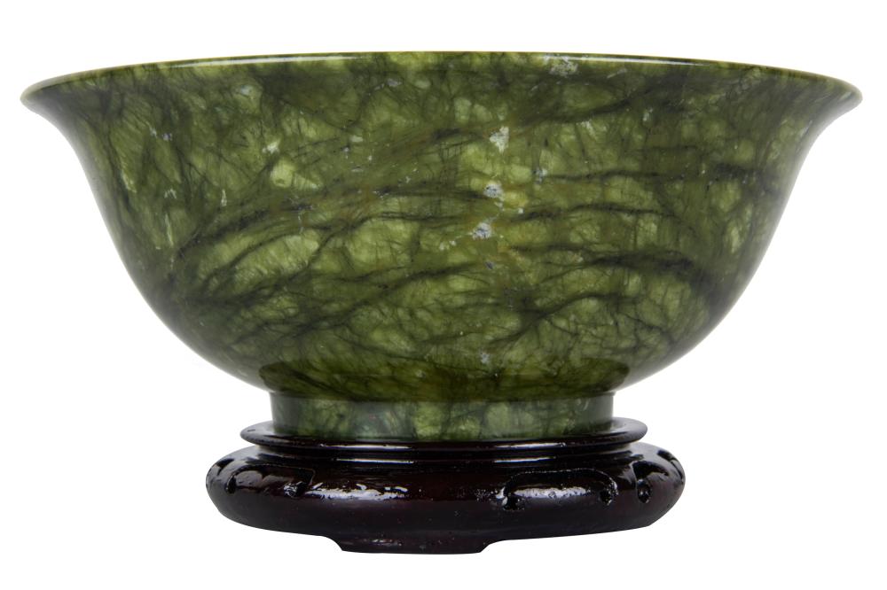 Appraisal: CHINESE SPINACH JADE BOWLwith carved wood stand and fitted box