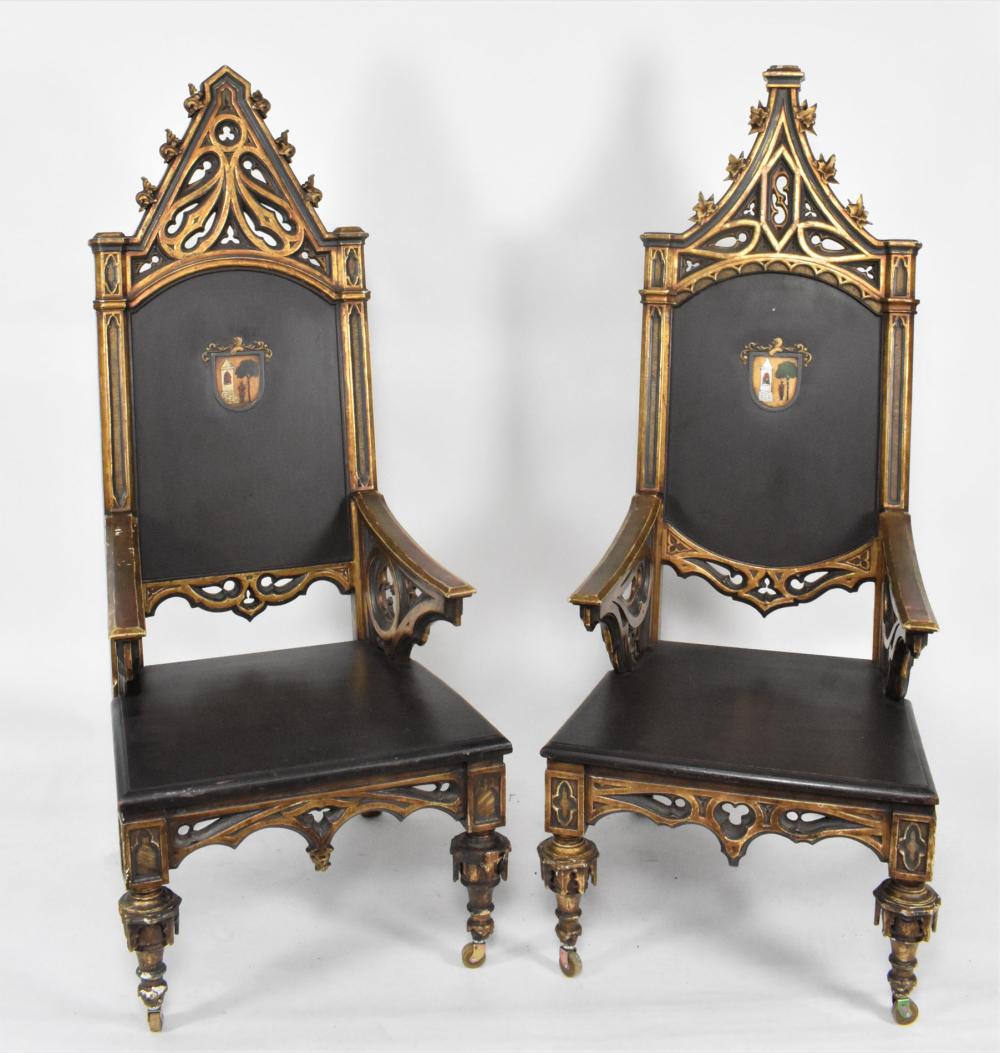 Appraisal: Circa Each heavily carved painted and parcel gilt chair with