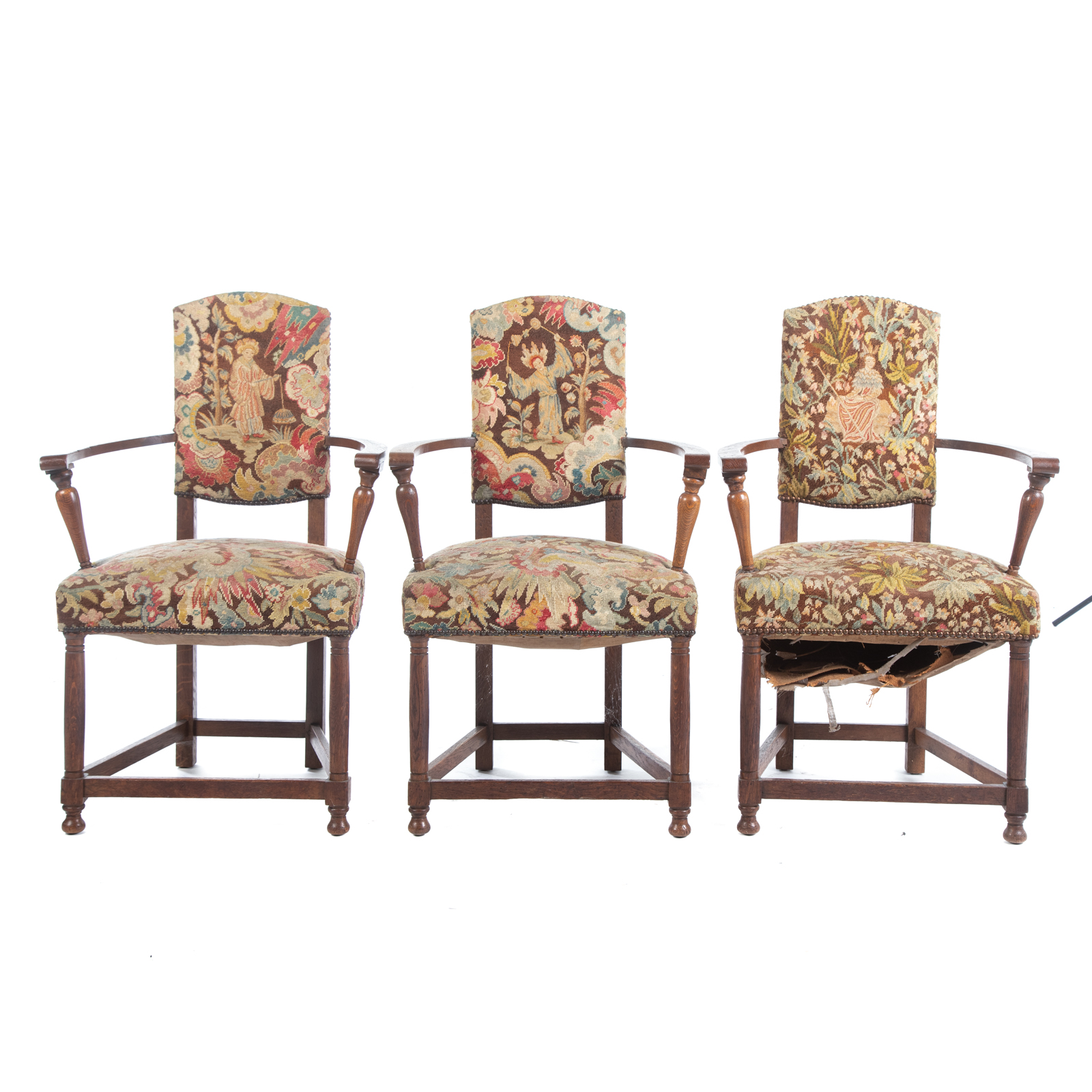 Appraisal: THREE FRENCH NEEDLEPOINT ARM CHAIRS Early th century with tapestry