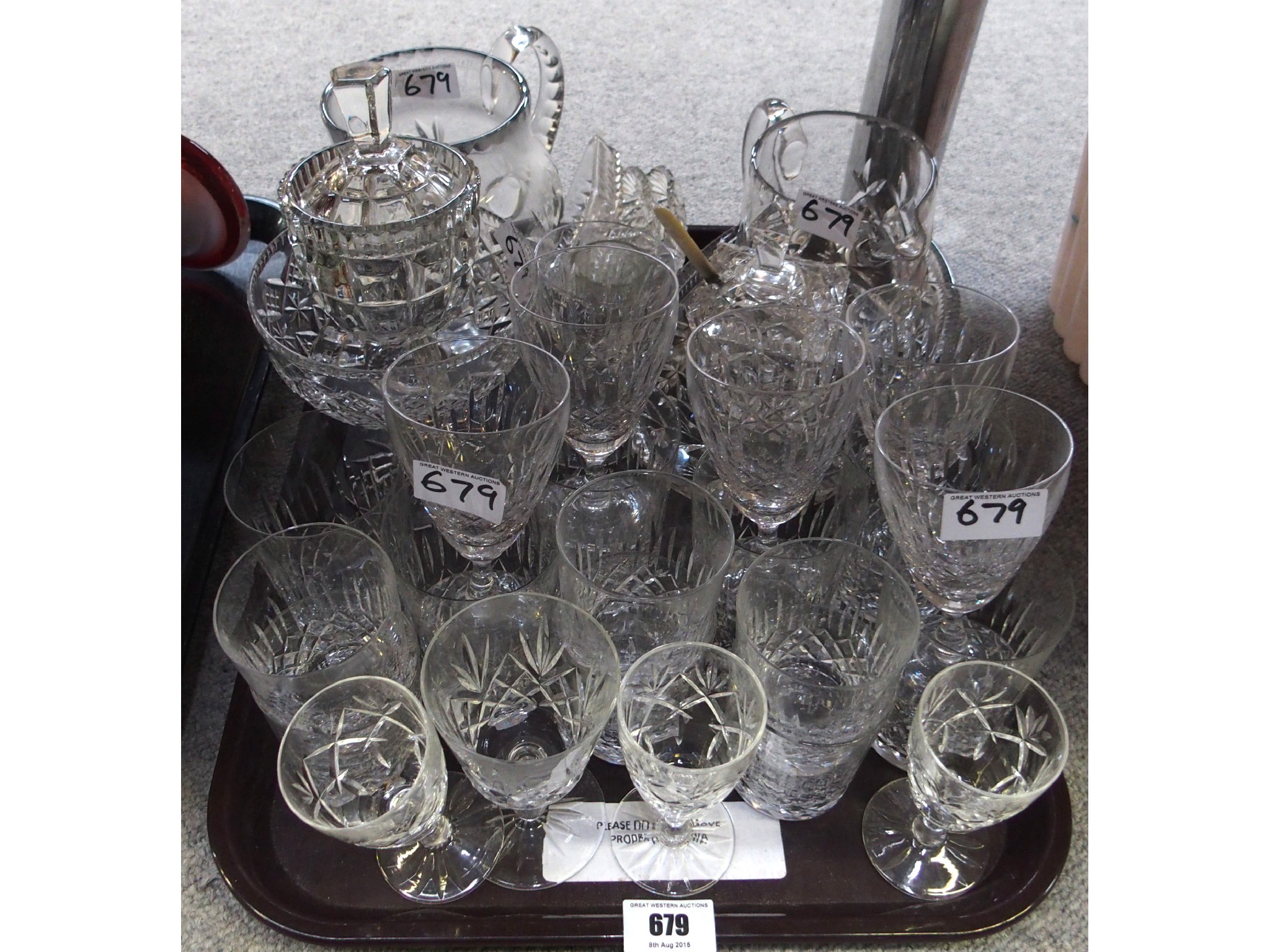 Appraisal: Tray comprising cut glass wine stems two jugs footed bowl