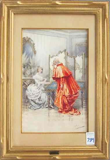 Appraisal: GIUSEPPE AURELI WATERCOLOR ON PAPER ITALIAN - a Cardinal watching