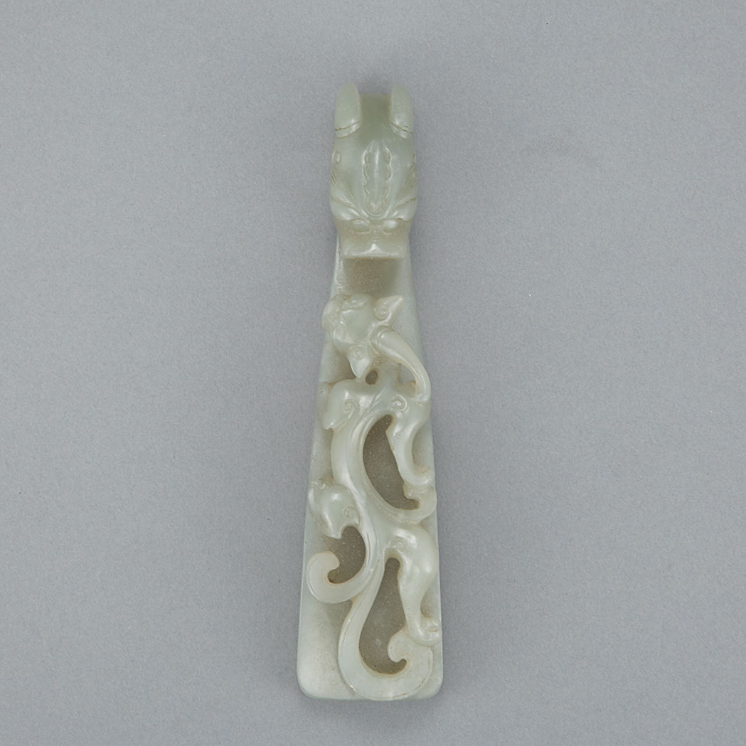 Appraisal: Chinese Celadon Jade Belt Hook th Century The curved shaft