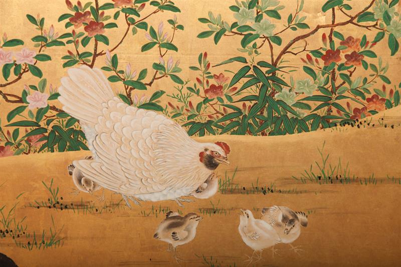 Appraisal: PAIR OF JAPANESE TWO-PANEL SCREENS Each depicting chickens at play